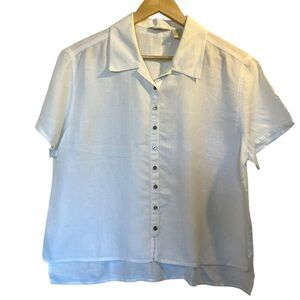 J. JILL White Linen Short Sleeve High-Low Hem Button Down Shirt - Medium Petite
